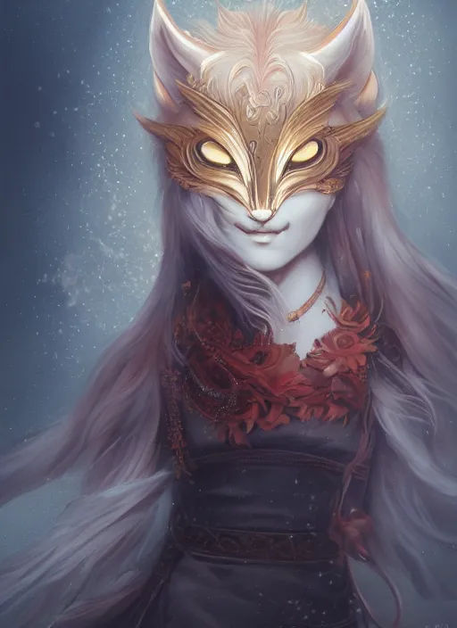 Image similar to a beautiful detailed oil on copper art illustration of a japanese kitsune mask devil beautiful woman, centered, by charlie bowater, zeng fanzh, trending on artstation, dim dusk lighting, cinematic lighting, detailed lighting, volumetric lighting, realistic, f 8, 4 k hd wallpaper