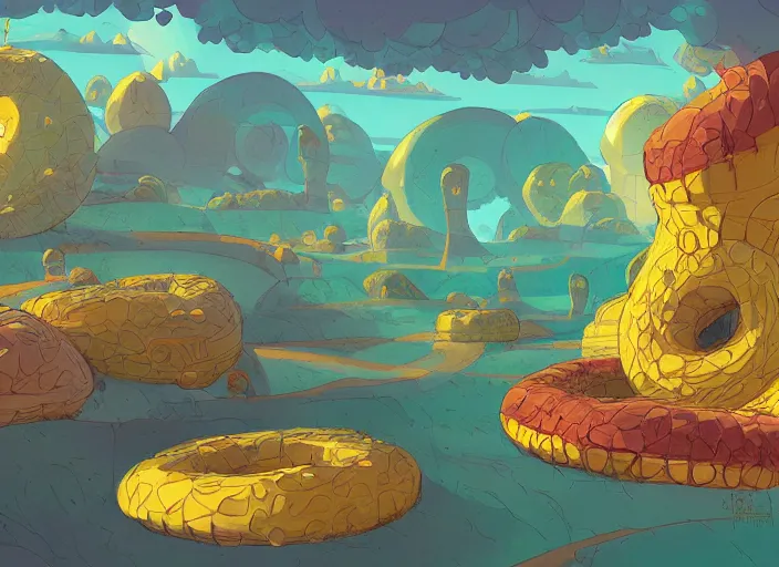 Image similar to concept art of a donut landscape made of bananas, cel shaded, in the style of makoto shinkai and moebius and peter mohrbacher and anton fadeev