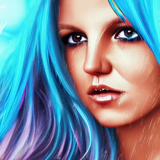 Image similar to a digital painting of britney spears in the rain with blue hair, cute - fine - face, pretty face, cyberpunk art by sim sa - jeong, cgsociety, synchromism, detailed painting, glowing neon, digital illustration, perfect face, extremely fine details, realistic shaded lighting, dynamic colorful background