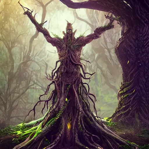 Prompt: giant green old treant creature, elven treant made of leaves and roots, old elven treant, old humanoid ents, elven face, old human face, old humanoid treant, epic fantasy style, green theme, forest background, hearthstone artwork