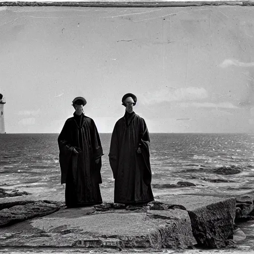 Image similar to worshippers dressed in robes belonging to the cult of the lighthouse. Dilapidated 1800s lighthouse. 1800s photo.