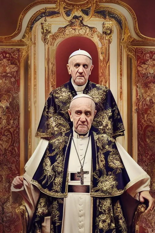 Image similar to dolce & gabbana campaign featuring george carlin as the pope, unprocessed colors, # nofilter, shot by annie leibovitz, realistic vfx simulation