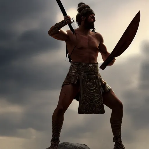 Prompt: Ancient greek warrior, holding a sword, epic, dramatic pose, cinematic, trending on artstation, award winning, 4k, photorealistic, high details, by delacroix