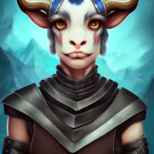 Prompt: illustrated realistic portrait female ram-horned kobold with asymmetric short haircut blue hair with dark eyes wearing strap leather armor by rossdraws