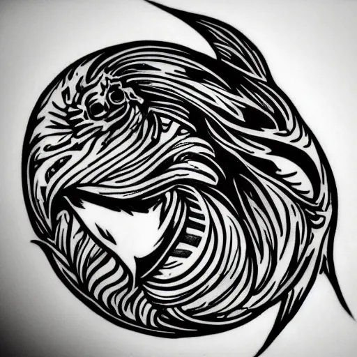 Prompt: tattoo design, stencil, fine line art, a seal poking it's face out of water, artgerm, n - 4