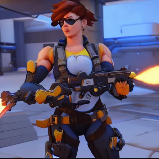 Image similar to a screenshot of arnold schwarzenegger as tracer in overwatch, full body shot