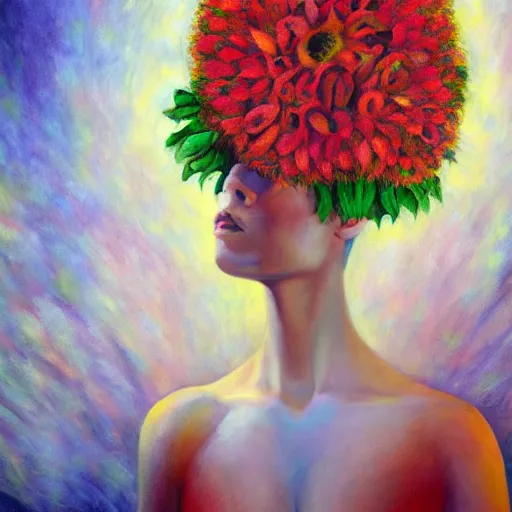 Image similar to giant flower head, woman standing in a luxury apartment, surreal, dramatic light, impressionist painting, digital painting, artstation, georgia o'keeffe