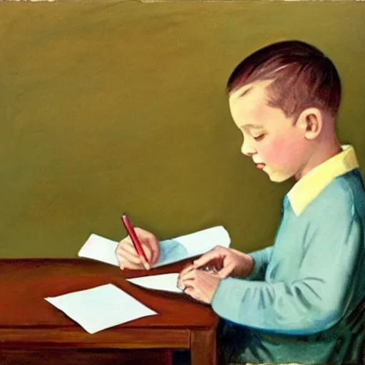 Image similar to 1950 painting of a boy writing a letter