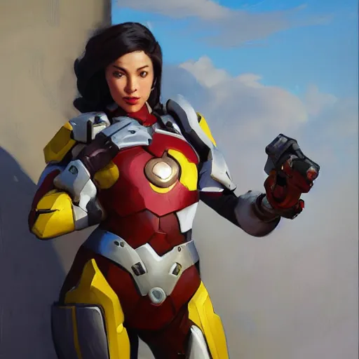 Image similar to greg manchess portrait painting of a female ironman as overwatch character, medium shot, asymmetrical, profile picture, organic painting, sunny day, matte painting, bold shapes, hard edges, street art, trending on artstation, by huang guangjian, gil elvgren, ruan jia, greg rutkowski, gaston bussiere