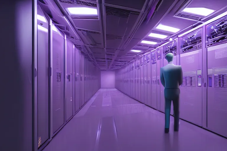 Prompt: hyperrealistic medium shot robot! in data center server building highly detailed concept art eric zener elson peter cinematic hard purple lighting high angle hd 8 k sharp shallow depth of field, inspired by david paul cronenberg and zdzisław beksinski