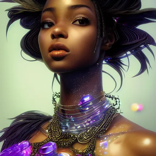 Prompt: the portrait of the absurdly beautiful, graceful, elegant, gorgeous, sensual black young anime goddess made of crystals, an ultrafine hyperdetailed illustration by kim jung gi, irakli nadar, intricate linework, bright colors, octopath traveler, final fantasy, unreal engine 5 highly rendered, global illumination, radiant light, intricate environment, 8 k