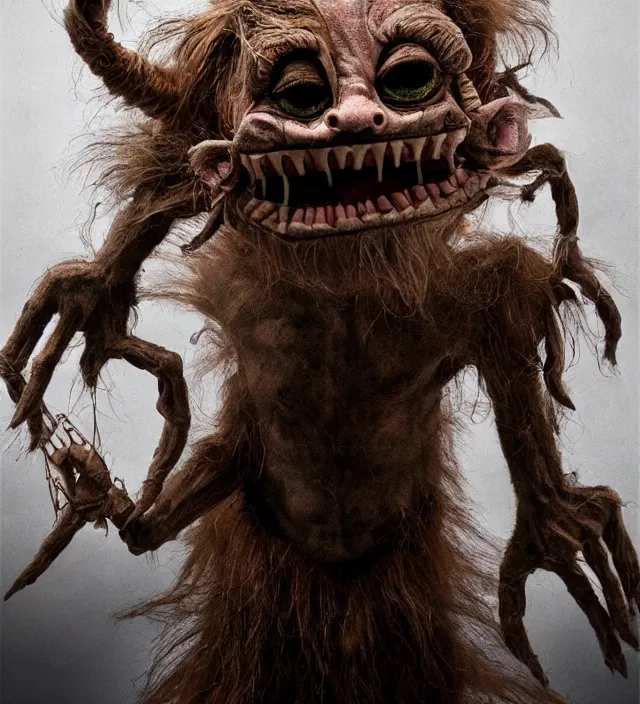 Prompt: hyper realistic photography of indonesian demon hairy fluffy muppet show horror nightmare elf goblin monster with long arms, ventriloquist, human anatomy, real teeth, full body, cinematic symmetric dark _ crystal, brian froud, alan lee, jean baptiste monge, scott radke