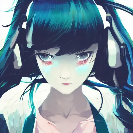 Image similar to Frequency indie album cover, luxury advertisement, white, indigo and teal colors. highly detailed post-cyberpunk sci-fi close-up schoolgirl in asian city in style of cytus and deemo, mysterious vibes, by Ilya Kuvshinov, by Greg Tocchini, nier:automata, set in half-life 2, beautiful with eerie vibes, very inspirational, very stylish, with gradients, surrealistic, postapocalyptic vibes, depth of filed, mist, rich cinematic atmosphere, perfect digital art, mystical journey in strange world, bastion game, arthouse