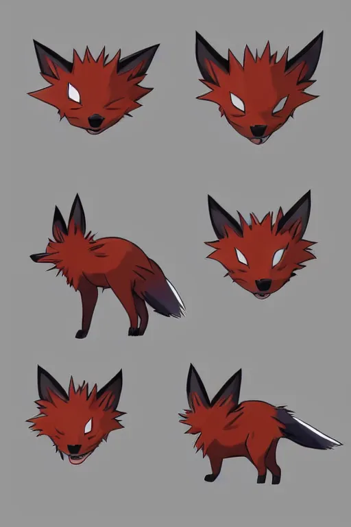 Image similar to zorua pokemon, stylised fox - like appearance, black and auburn colour pallet, thick furry neck and chest fluff, stylised 🖌 - like hair on head, pokemon concept art with multiple angles, super detailed, clean lines, digital art