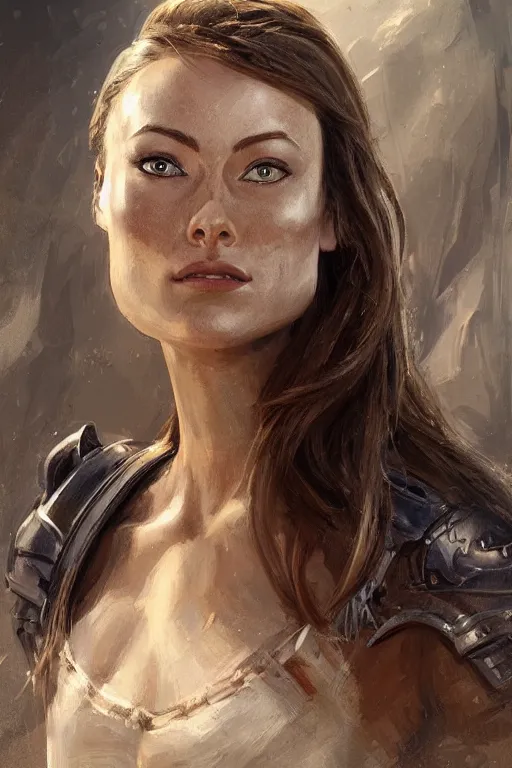 Image similar to a professional painting of a young Olivia Wilde, clothes in military armor, olive skin, long dark hair, beautiful bone structure, symmetrical facial features, intricate, elegant, digital painting, concept art, smooth, sharp focus, illustration, from StarCraft by Ruan Jia and Mandy Jurgens and Artgerm and William-Adolphe Bouguerea