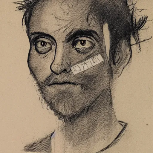 Image similar to sketch of man wearing band on eyes with beleiver written on it