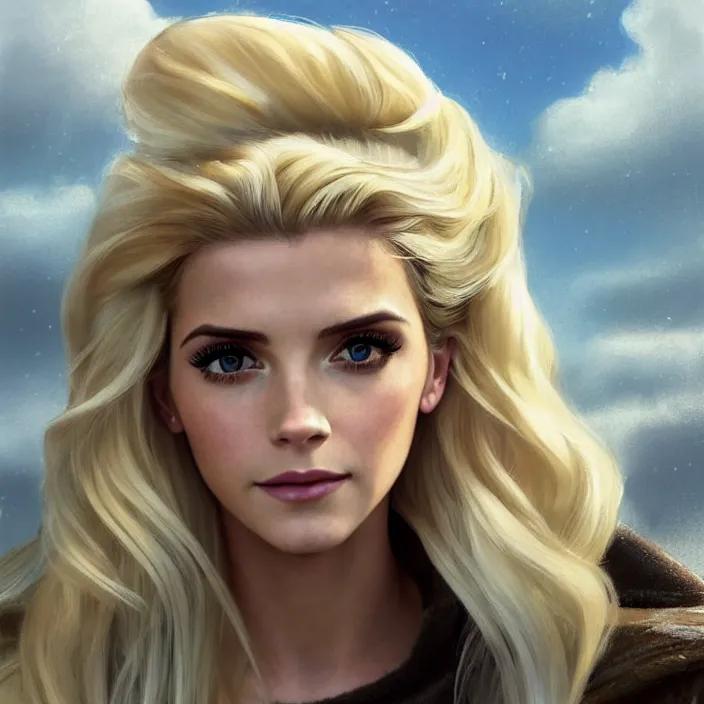 Prompt: portrait of a combination of Ashley Greene, Katheryn Winnick, Victoria Justice and Adriana Dxim, Grace Kelly, Emma Watson and Lily Collins with blonde hair as Elsa from Frozen, countryside, calm, fantasy character portrait, dynamic pose, above view, sunny day, thunder clouds in the sky, artwork by Jeremy Lipkin and Giuseppe Dangelico Pino and Michael Garmash and Rob Rey and Greg Manchess and Huang Guangjian, very coherent asymmetrical artwork, sharp edges, perfect face, simple form, 100mm