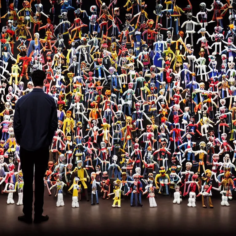 Image similar to focused dslr medium shot photograph of nathan fielder standing in front of hundreds of nathan fielder puppets on strings from nathan for you on comedy central filmed by a tv crew on a stage with a red curtain, meta, fractal, trippy, high detail!!! 8 k!!!!, photorealism!!!, sharp focus!!! coherent!!!