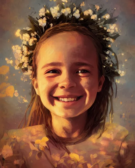 Prompt: biblical portrait of a cute smiling child kid face out of flowers and leaves, cinematic light, backlight, daylight, by alena aenami, by mikhail vrubel, by peter elson, muted colors, ( extreme detail ), trending on artstation, 8 k