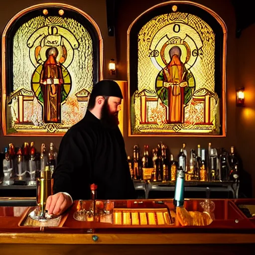 Prompt: orthodox monk as a bartender makes a cocktail inside a pub inside orthodox church, iconostasis, stained glass windows, realism, detailed, photorealistic