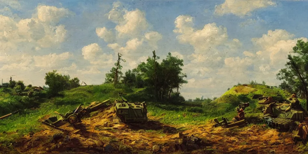 Image similar to landscape scene of an eastern front battlefield, summertime, distant destroyed smoking tank, sandbags, trenches, craters, romanticist oil painting