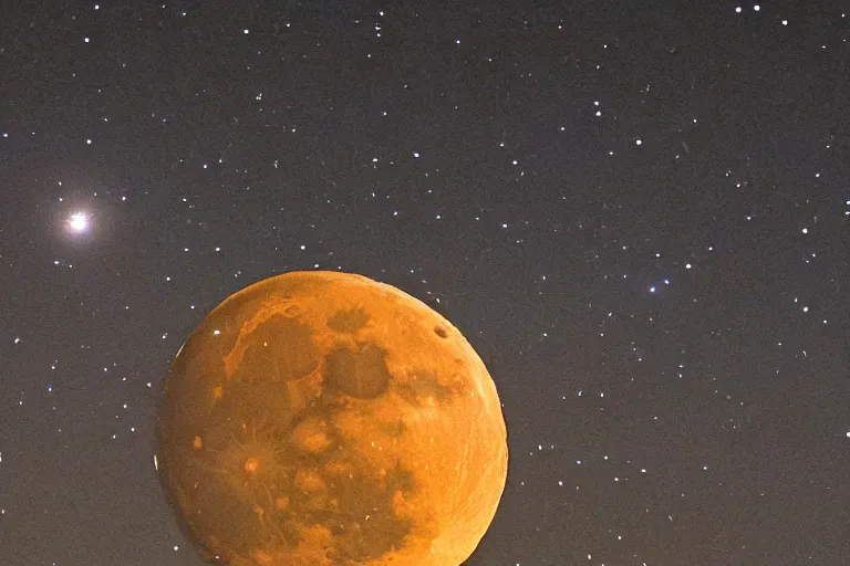 Image similar to the moon is breaking apart, fiery meteors light the night sky