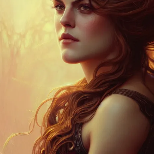 Image similar to beautiful young riley keough, closeup, d & d, fantasy, intricate, elegant, highly detailed, digital painting, artstation, concept art, matte, sharp focus, illustration, art by artgerm and greg rutkowski and alphonse mucha