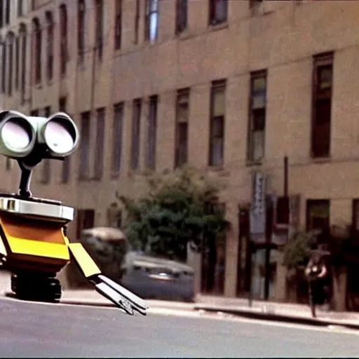 Image similar to taller older Wall-E in New York street, epic 1986 cinematic still