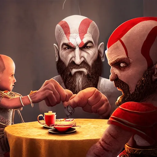 Image similar to god of war having a tea party with little kids, digital painting, 3 d, octane render, accurate