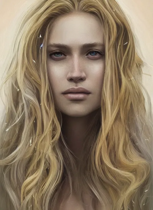 Image similar to a painting of a woman with long blonde hair, a photorealistic painting by magali villeneuve, featured on cgsociety, fantasy art, detailed painting, photorealistic