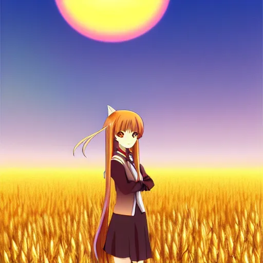 Image similar to anime illustration of Holo from Spice and Wolf standing in a wheat field at sunset, Holo is a wolf girl, high detail, trending on pixiv