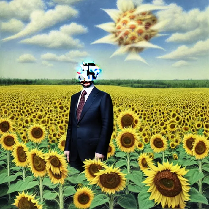 Prompt: photo portrait of Putin in sunflower field, dressed in leisure shirt with ornamental ethereal sunflower pattern, natural skin tone, raging war and explosions in the background, face is naturally detailed, elegant, Realistic, Refined, Highly Detailed, natural soft pastel lighting colors scheme, fine art photography by Cecil Beaton, volumetric lighting, hyper realistic photography