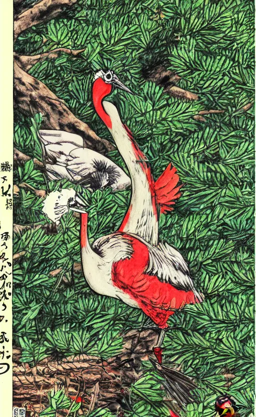 Prompt: by eiichiro oda, full color manga art, girl next to a japanese crane bird in japanese pines, trading card front, kimono, realistic anatomy, sun in the background