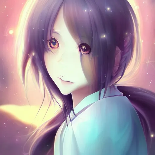 Prompt: Portrait of a beautiful celestial goddess in the style of anime, a background of tranquil space, character design, behance, by wlop
