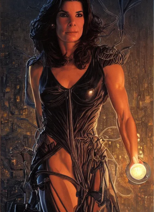 Image similar to Sandra Bullock (1990) as a muscled heroine staring into the camera, torch shadows, foggy night, intricate, elegant, highly detailed, Donato Giancola, Joseph Christian Leyendecker, WLOP, Boris Vallejo, Artgerm