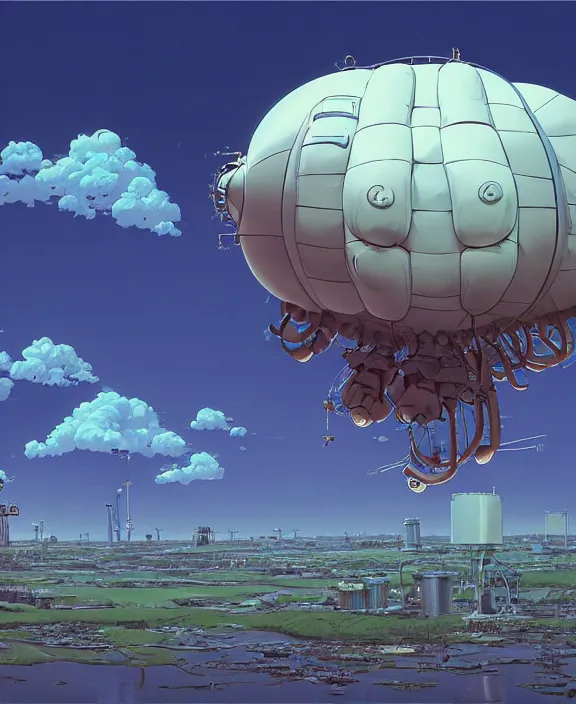 Image similar to inflated industrial plant made from obese isopod mollusk octopus, in the style of puffy spaceship, giant botany, partly cloudy, spooky, dramatic lighting, by geof darrow, bill sienkiewicz, dan mumford, yusuke murata, makoto shinkai, ross tran, cinematic, unreal engine, cel shaded, featured on artstation, pixiv