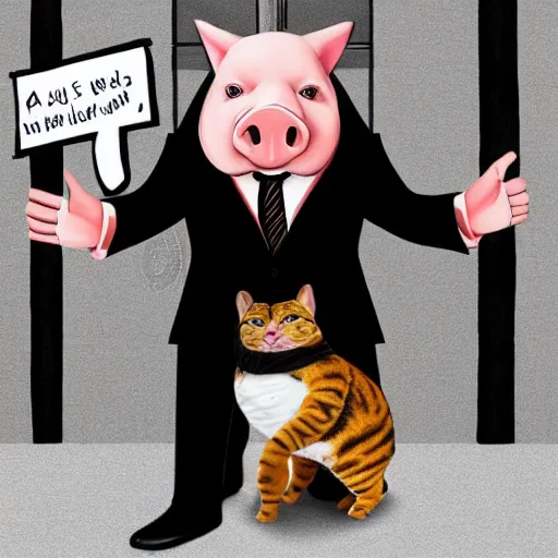 Image similar to a pig wearing a suit fighting with a cat photo - realistic