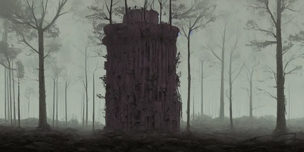 Image similar to Monumental old ruins tower of a dark misty forest, overcast, sci-fi digital painting by Simon Stålenhag,