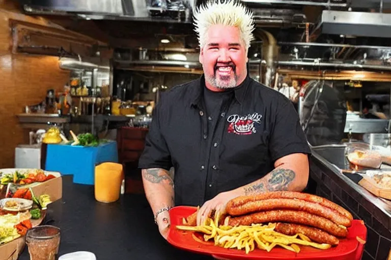 Image similar to beautifully composed photograph of Guy Fieri holding a huge weiner