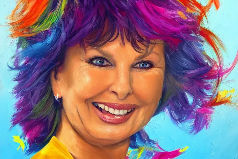 Prompt: A bright, happy painting of a Jennifer Saunders, beautiful, hyperrealistic, high-quality, professional, dramatic lighting, extremely high detail, trending on artstation