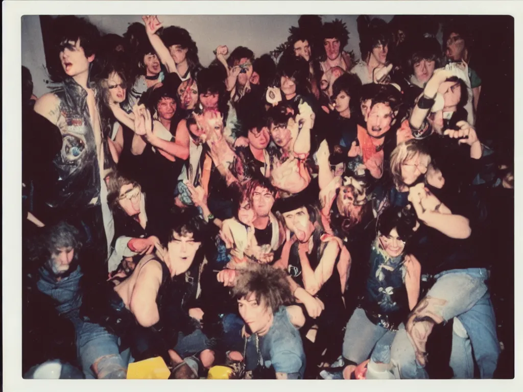 Image similar to 1980s polaroid colour flash photograph of a punk party in an apartment