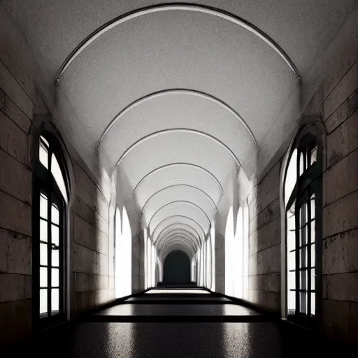 Prompt: a long shadowy asylum hallway at night, arched ceiling, one point perspective, vanishing point, symmetrical composition, rich colors, dramatic lighting, by lee madgwick, photorealistic, v - ray render 8 k uhd