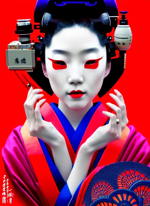 Image similar to sensual japanese geisha wearing vr eyepiece, intricate geisha kimono, robotic, android, cyborg, cyberpunk face, steampunk, fantasy, intricate, elegant, highly detailed, colorful, vivid color, digital photography, cool warm lighting, futurism, artstation, concept art, art by artgerm and greg rutkowski and ruan jia,