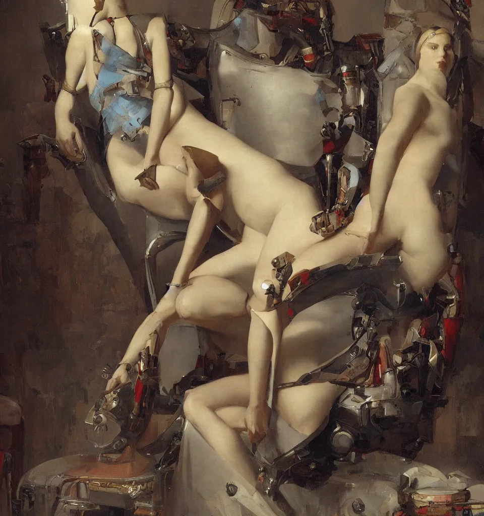 Image similar to splendid tall ingres slavian comtessa cyborg painting, greg rutkowski, on her throne