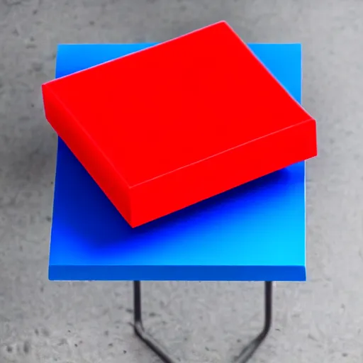 Image similar to A red block on a blue block on a table