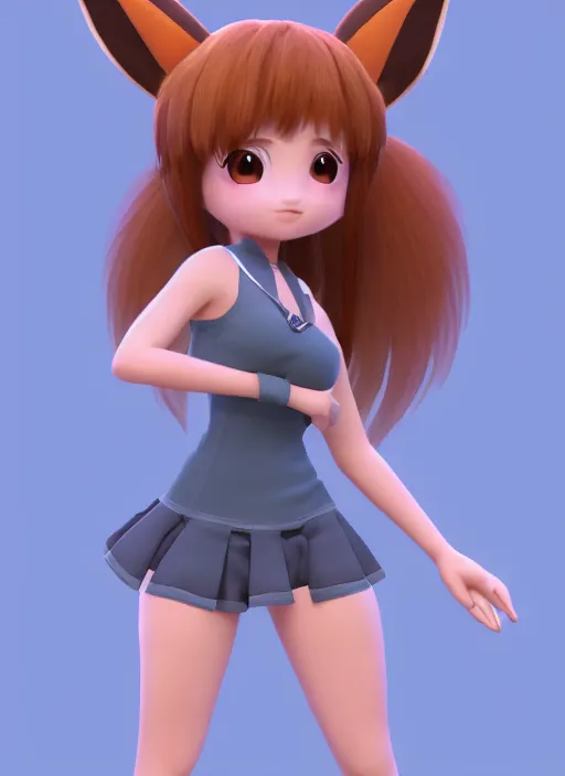 Image similar to female eevee mini cute girl, character adoptable, highly detailed, rendered, ray - tracing, cgi animated, 3 d demo reel avatar, style of maple story and zootopia, maple story eevee, fluffy, dark skin, cool clothes, soft shade, soft lighting, portrait pose