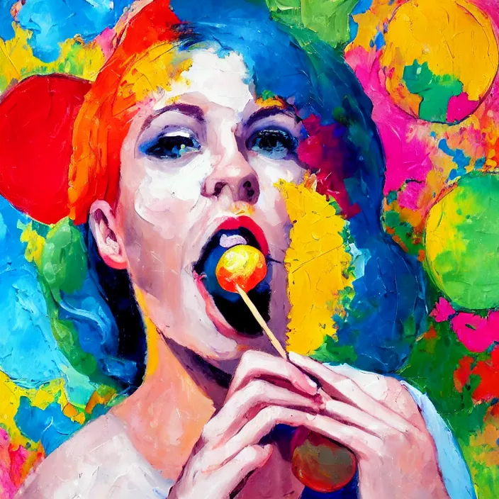 Image similar to portrait of beautiful woman licking a lollipop painted with colorful gouache impasto