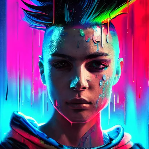 Image similar to splashes of neon clouds, mowhawk, punk portrait made out of paint with rain in the background, trending on artstation, epic composition, emotional, beautiful, rendered in octane, highly detailed, realistic, comic book art, sharp focus, matte painting, unreal engine