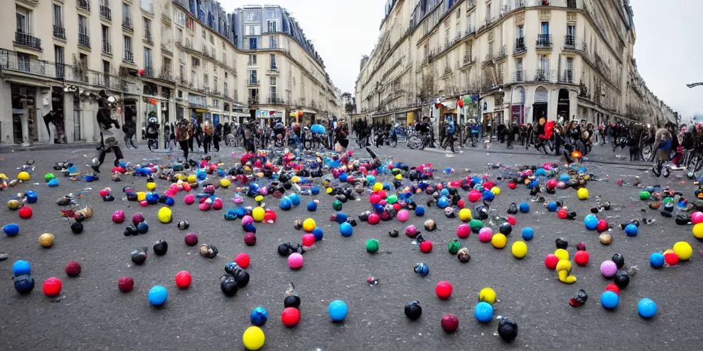 Prompt: million of babies on the streets on paris, with balls and toys, wide angle