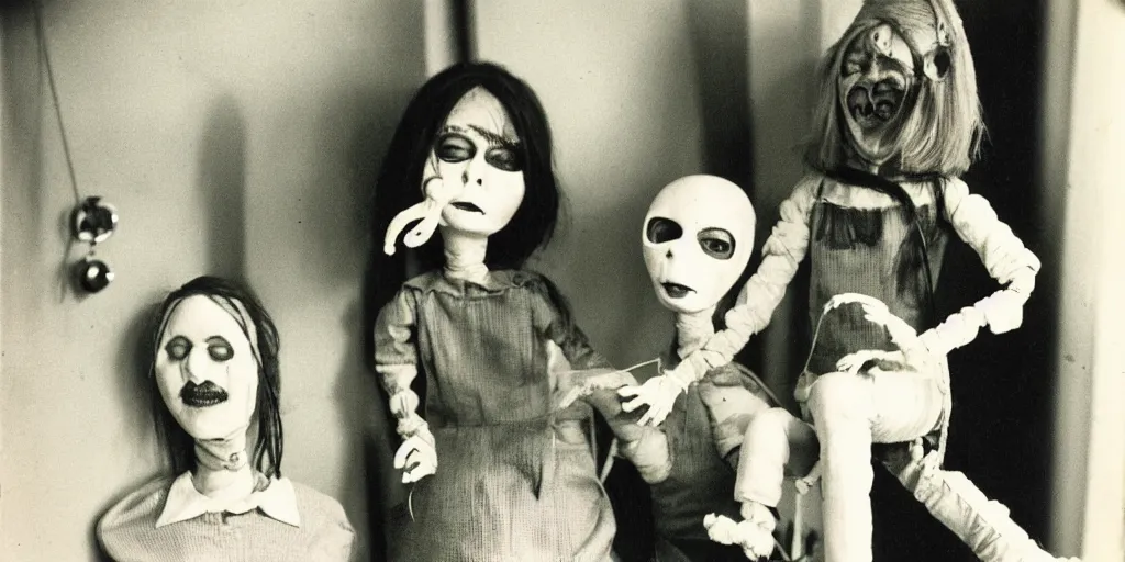 Prompt: 1 9 7 0 s female alive, eerie, creepy masked marionette puppet, unnerving, clockwork horror, pediophobia, lost photograph, dark, forgotten, final photo found before disaster, realistic, family portrait, polaroid,